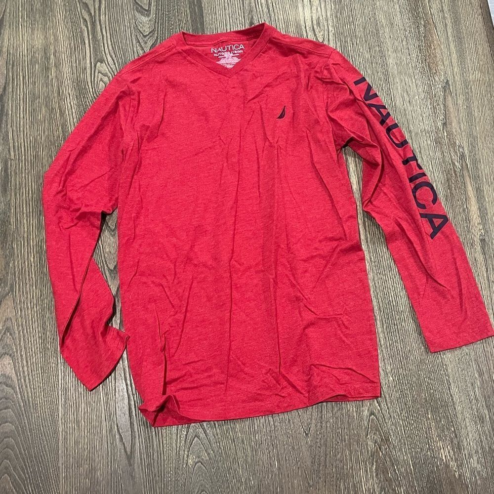 Nautica Boys Long Sleeve V-Neck T-Shirt Logo Print Pullover Cotton Red Size XL